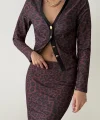 Leopar Desenli Hırka Etek Takım-Bordo