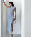 Linda Elegance Yırtmaç Detaylı Midi Abiye Elbise-Mavi
