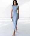 Linda Elegance Yırtmaç Detaylı Midi Abiye Elbise-Mavi