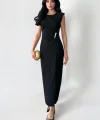 Linda Elegance Yırtmaç Detaylı Midi Abiye Elbise-Siyah