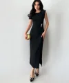 Linda Elegance Yırtmaç Detaylı Midi Abiye Elbise-Siyah
