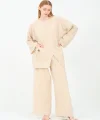 Pamuk Kuşgözü Cepli Bluz Pantolon Takım-Bej
