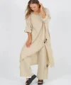 Pamuk Pantolon ve Uzun Bluz Alt Üst Takım-Bej