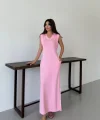 Pamuk V Yaka Yırtmaçlı Uzun Elbise-pembe