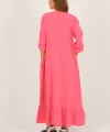 Pamuklu Kadın Uzun Tam Boy Triko Detaylı Elbise-Pembe
