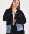 Peluş Kot Garnili Kaftan-Siyah
