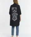 Şili çiçek figürlü oversize kadın gömlek-Siyah
