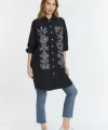 Şili çiçek figürlü oversize kadın gömlek-Siyah