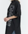 Şili çiçek figürlü oversize kadın gömlek-Siyah