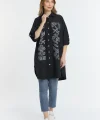 Şili çiçek figürlü oversize kadın gömlek-Siyah