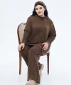 Uzun kol triko detay kapüşonlu takım-Kahverengi