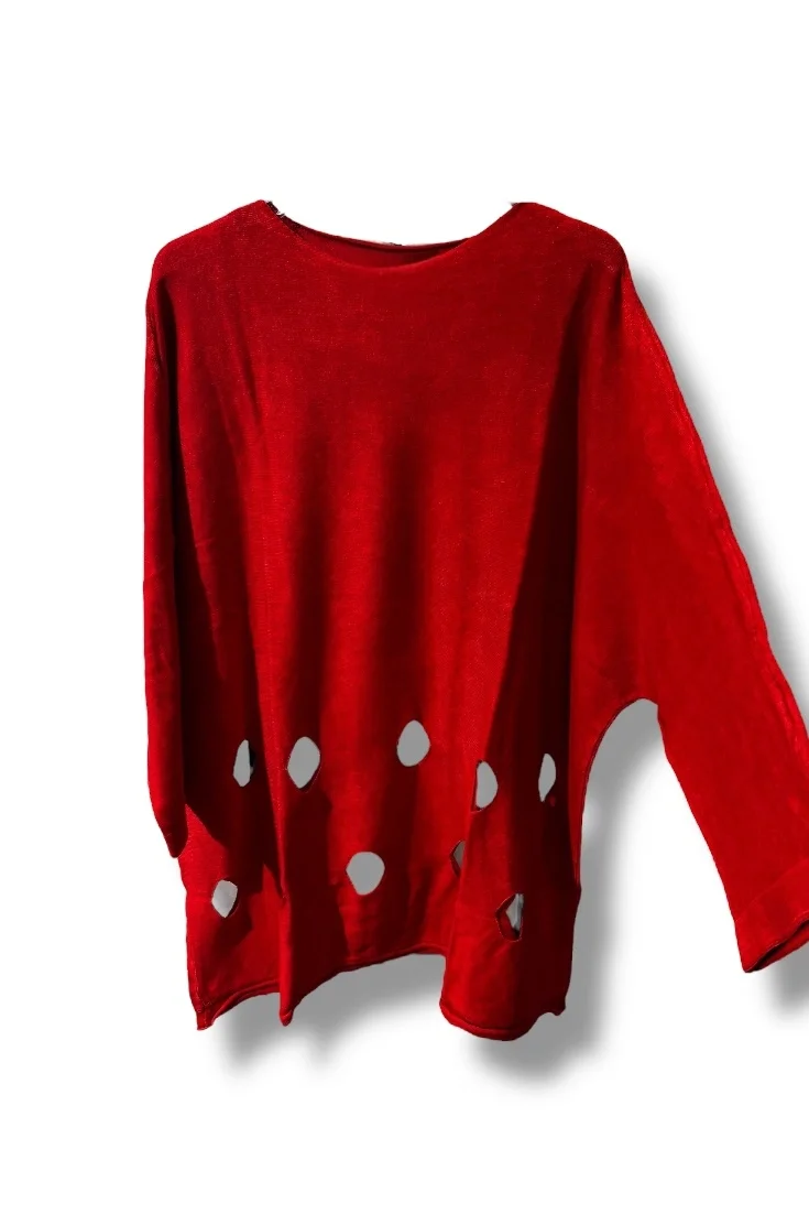 %100 Pamuk Triko Tunik Bluz– 38-52 Beden Uyumlu-Kırmızı