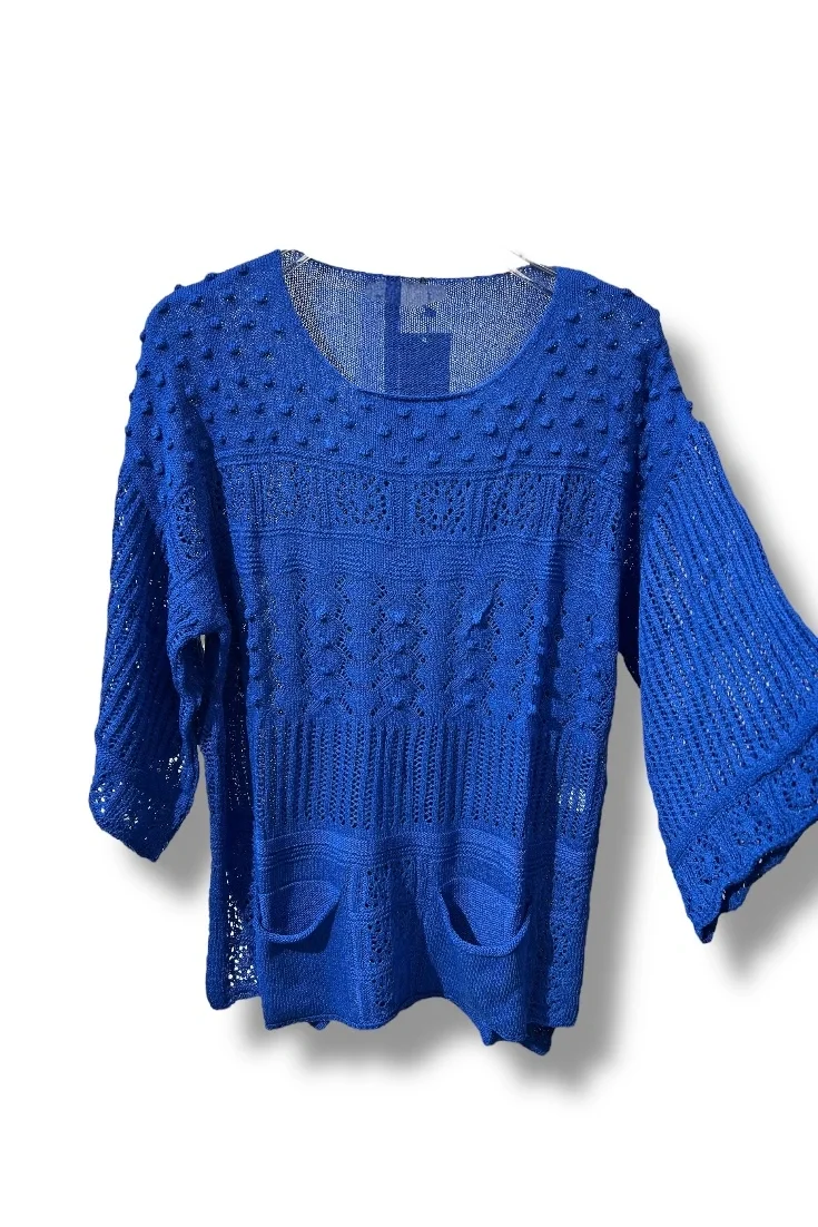 38–48 Beden Uyumlu Merserize Triko Bluz - Dokulu Desenli Mavi