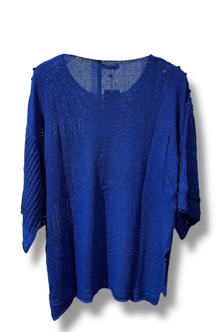 38–48 Beden Uyumlu Merserize Triko Bluz - Dokulu Desenli Mavi