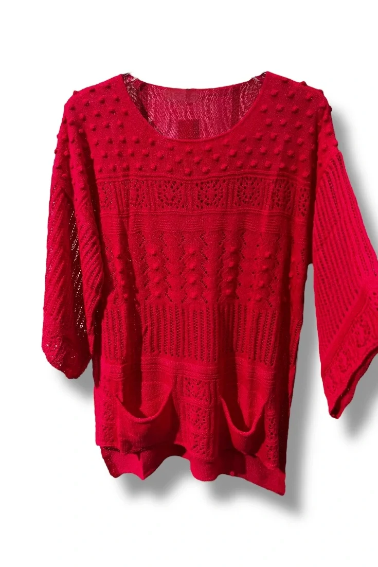 38–48 Beden Uyumlu Merserize Triko Bluz – Dokulu Desenli Fuşya