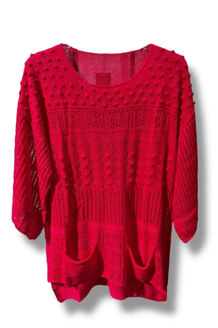 38–48 Beden Uyumlu Merserize Triko Bluz – Dokulu Desenli Fuşya