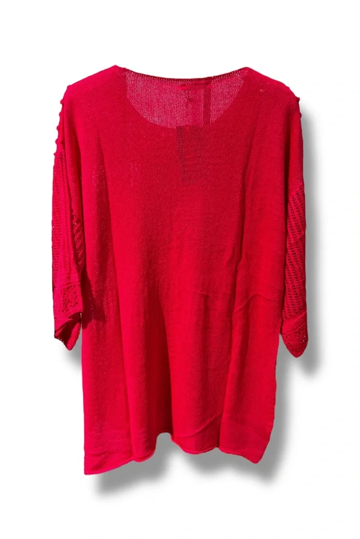 38–48 Beden Uyumlu Merserize Triko Bluz – Dokulu Desenli Fuşya