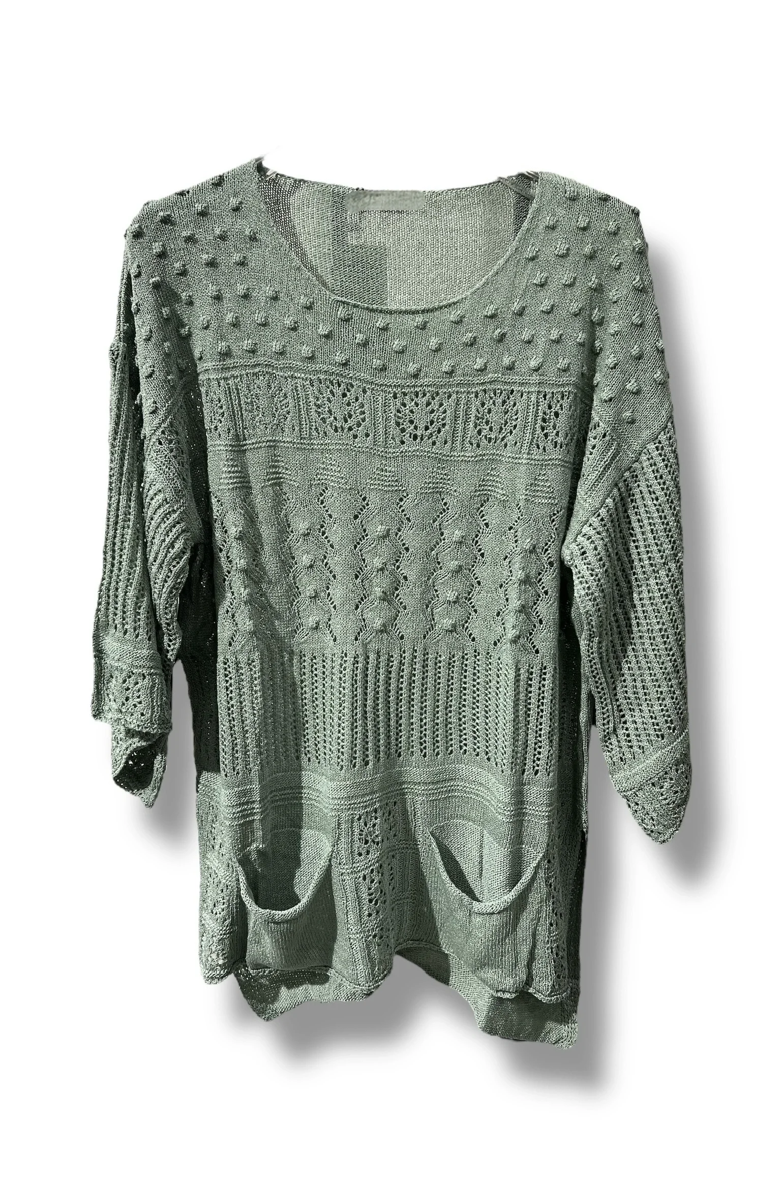 38–48 Beden Uyumlu Merserize Triko Bluz - Dokulu Desenli Su yeşili