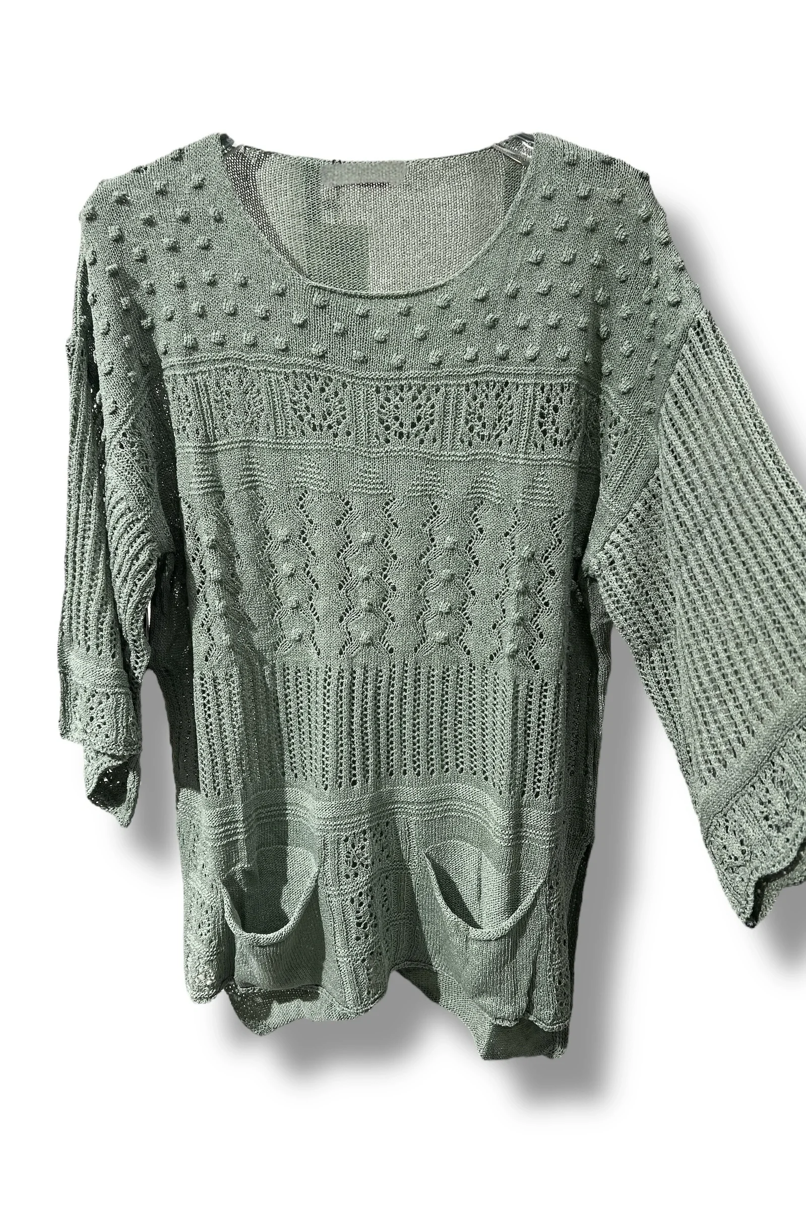 38–48 Beden Uyumlu Merserize Triko Bluz - Dokulu Desenli Su yeşili