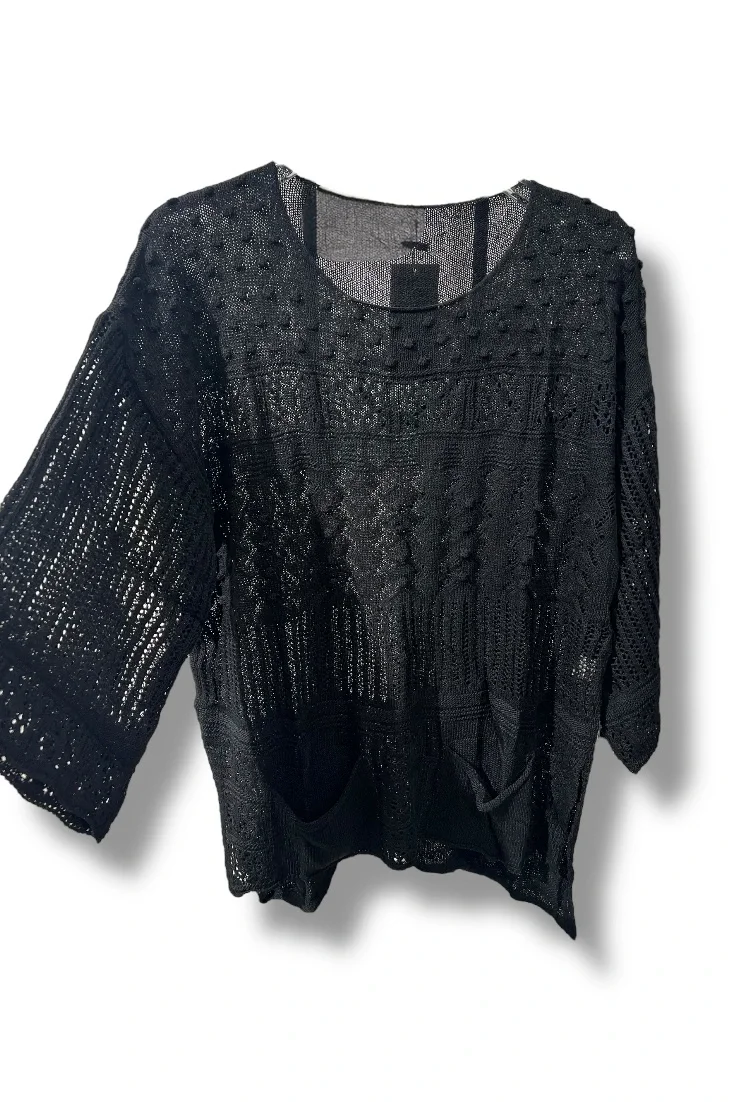 38–48 Beden Uyumlu Merserize Triko Bluz – Dokulu Desenli Siyah