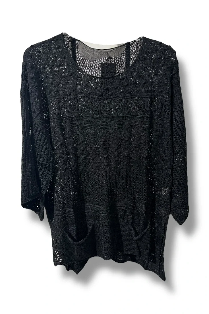 38–48 Beden Uyumlu Merserize Triko Bluz – Dokulu Desenli Siyah