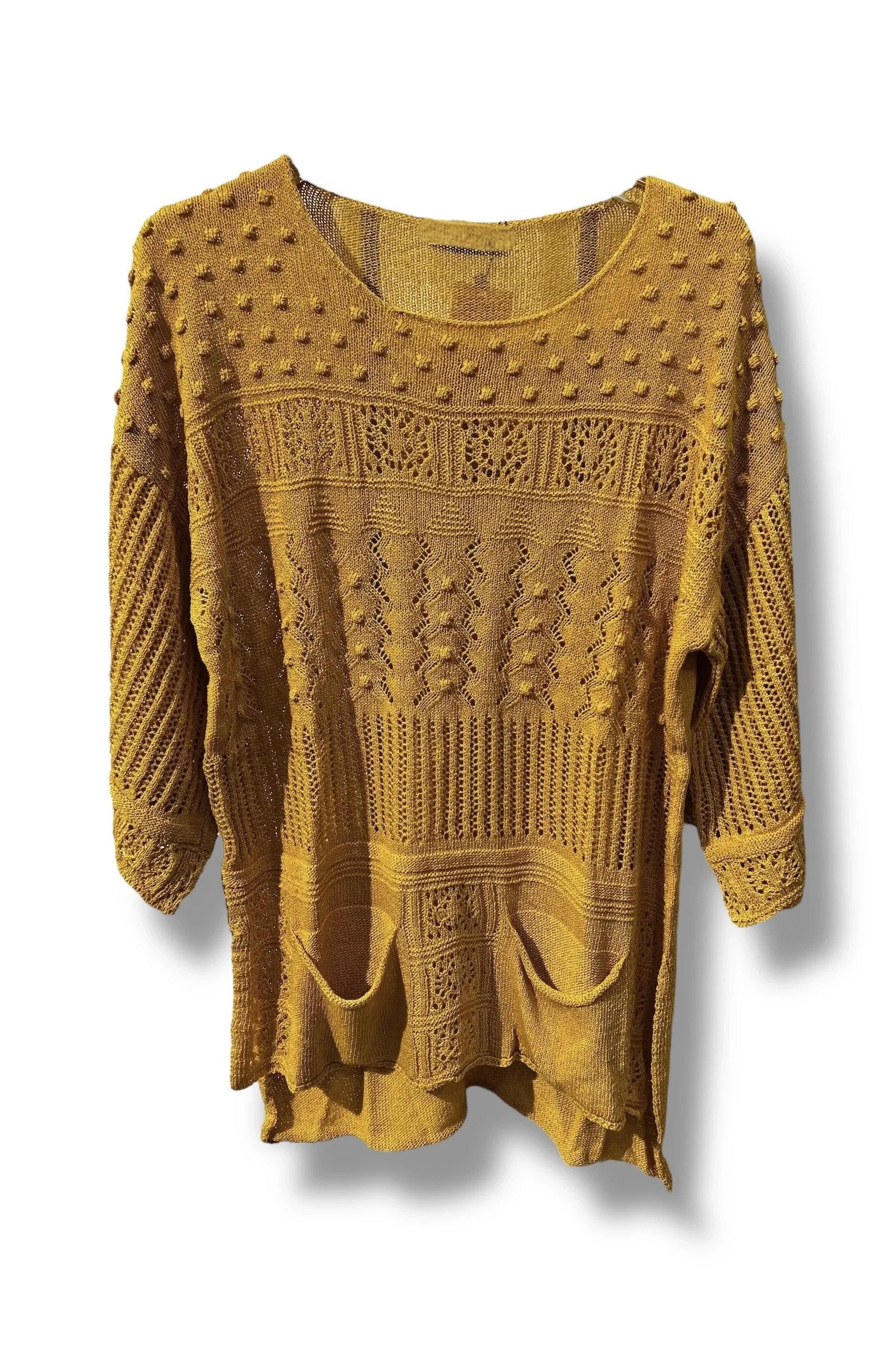 38–48 Beden Uyumlu Merserize Triko Bluz - Dokulu Desenli Hardal sarı