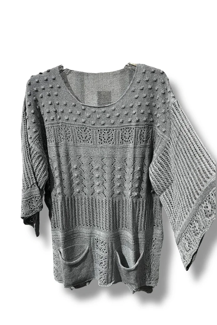 38–48 Beden Uyumlu Merserize Triko Bluz – Dokulu Desenli Gri