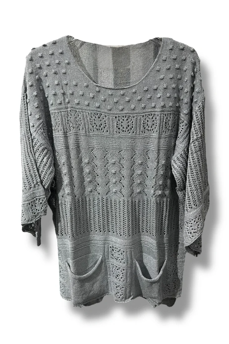 38–48 Beden Uyumlu Merserize Triko Bluz – Dokulu Desenli Gri