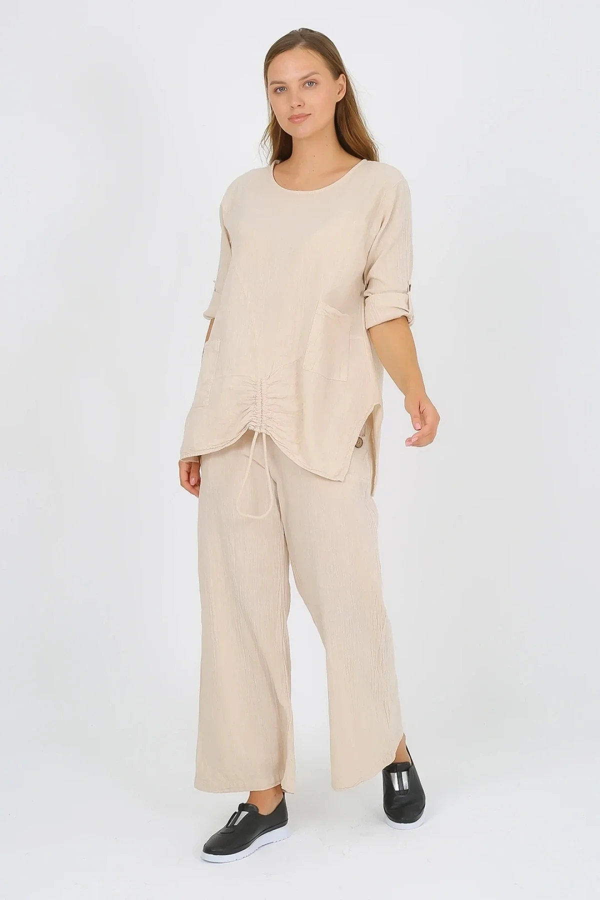 Kadın Pamuklu Büzgülü Bluz ve Pantolon Takımı-Bej