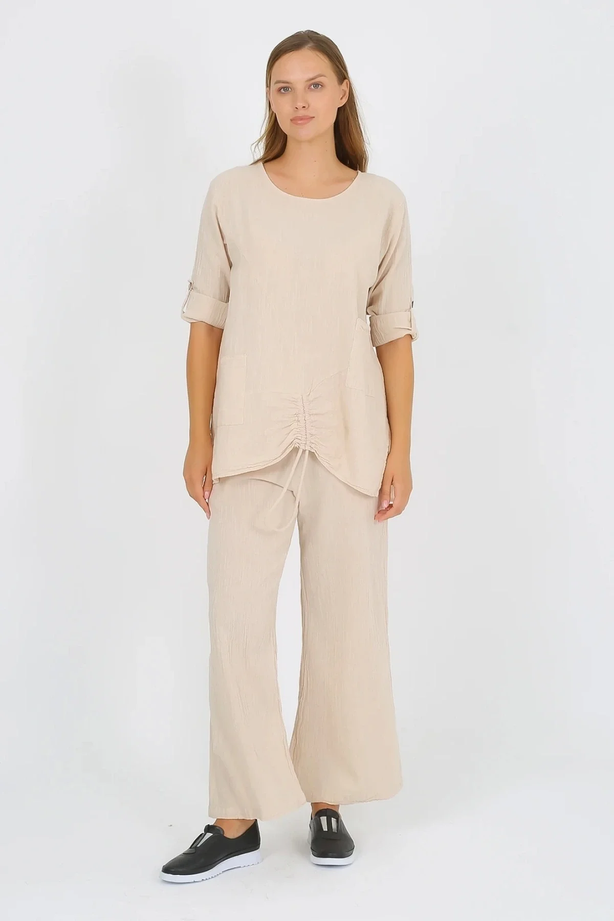 Kadın Pamuklu Büzgülü Bluz ve Pantolon Takımı-Bej