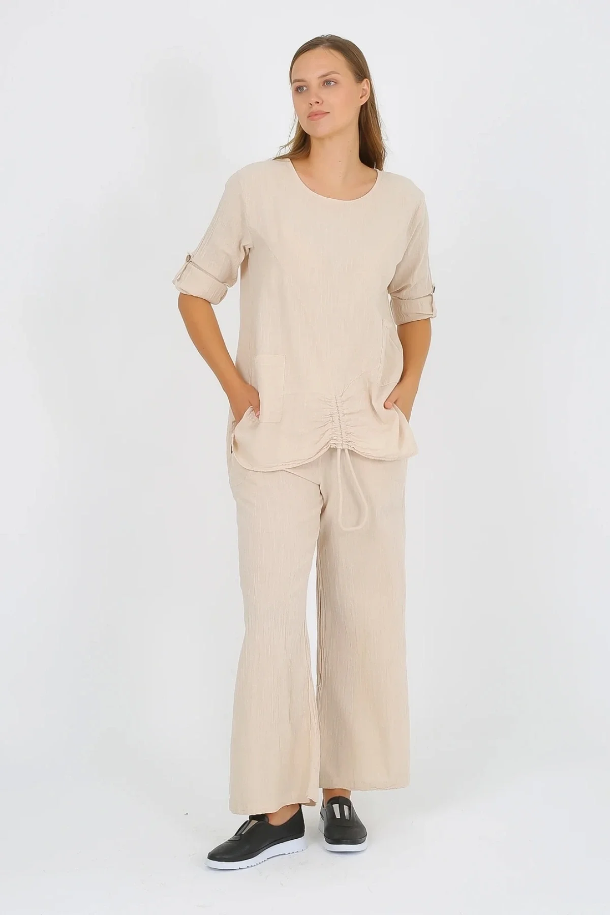 Kadın Pamuklu Büzgülü Bluz ve Pantolon Takımı-Bej