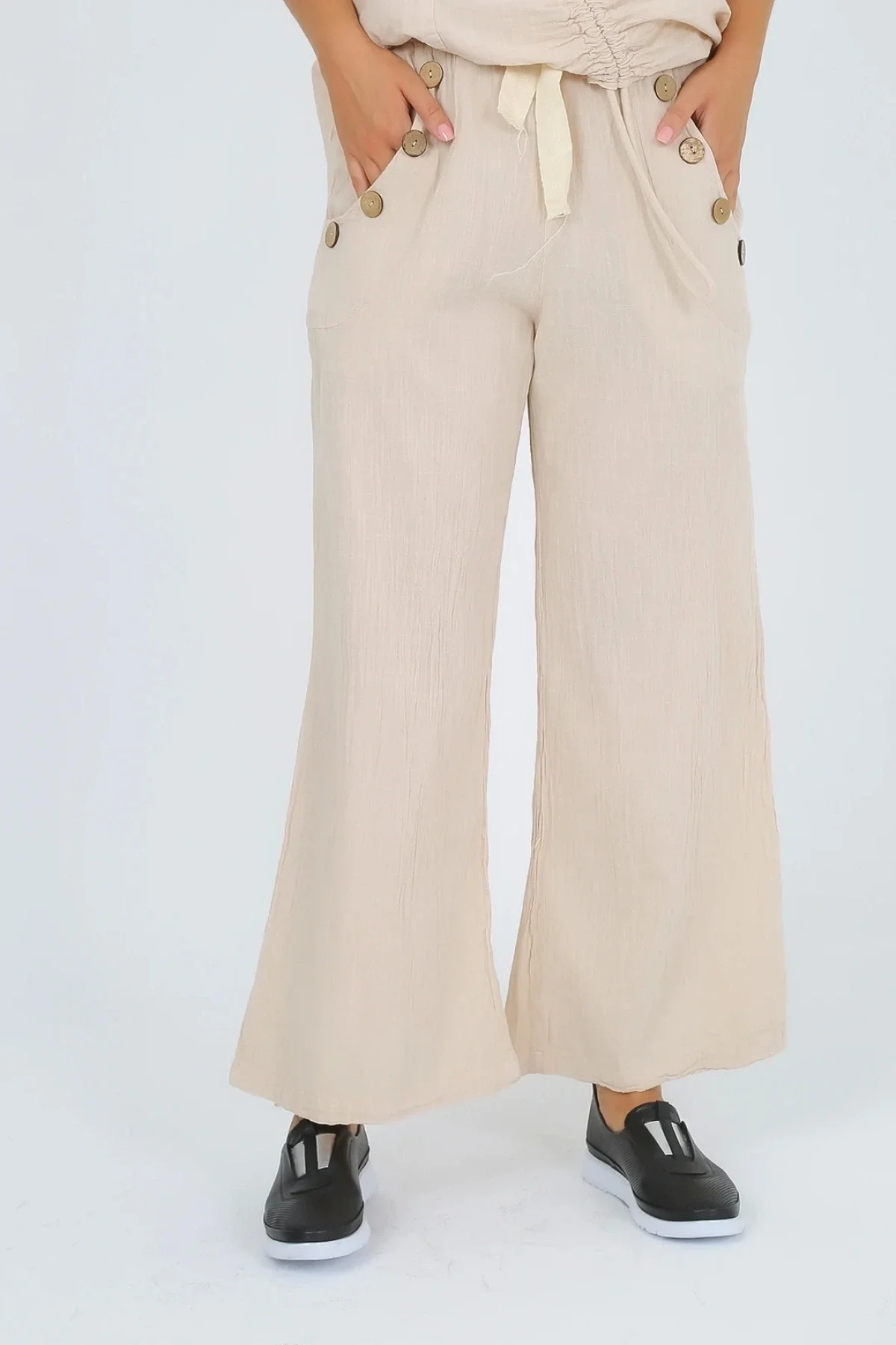 Kadın Pamuklu Büzgülü Bluz ve Pantolon Takımı-Bej