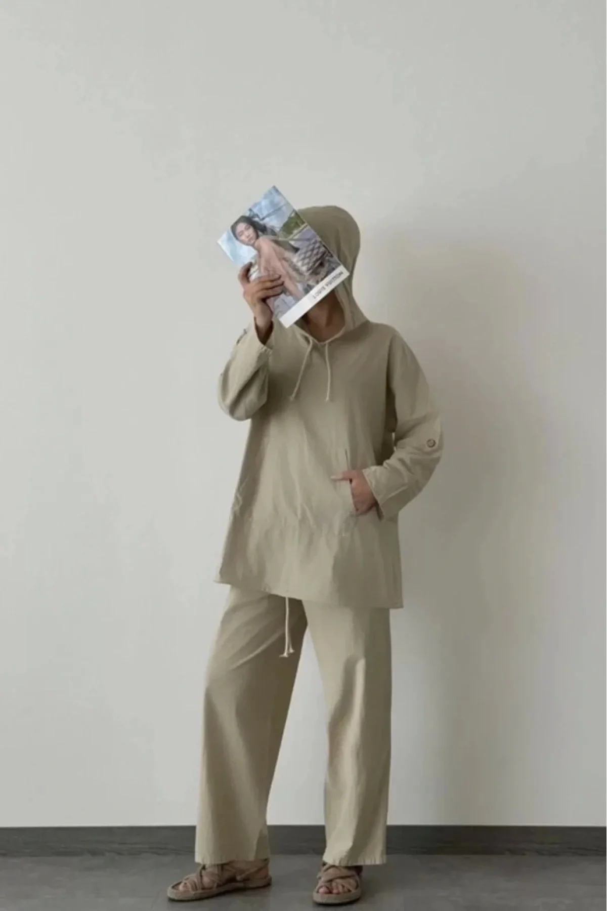 Pamuklu Kapşonlu üst ve Pantolon Takımı-Bej