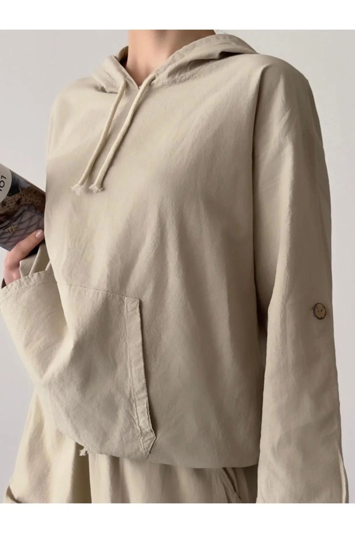 Pamuklu Kapşonlu üst ve Pantolon Takımı-Bej