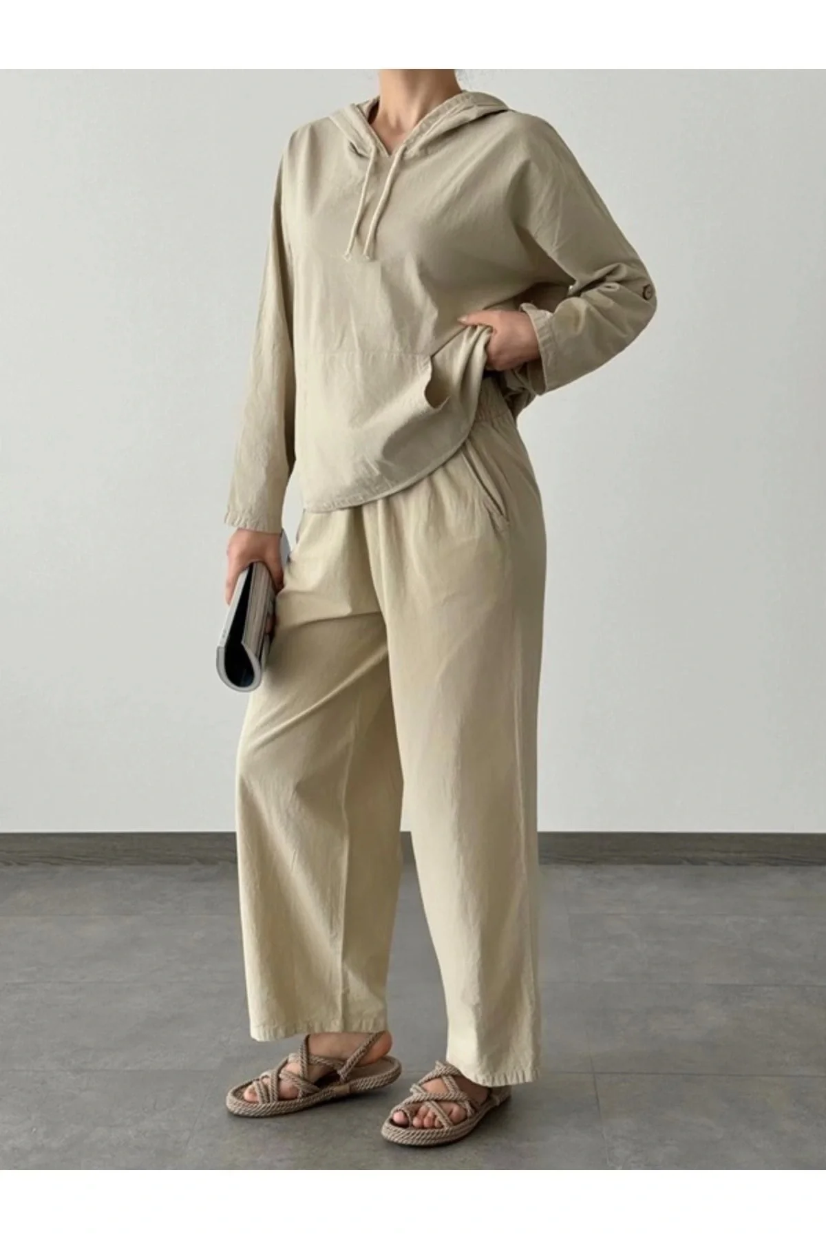 Pamuklu Kapşonlu üst ve Pantolon Takımı-Bej