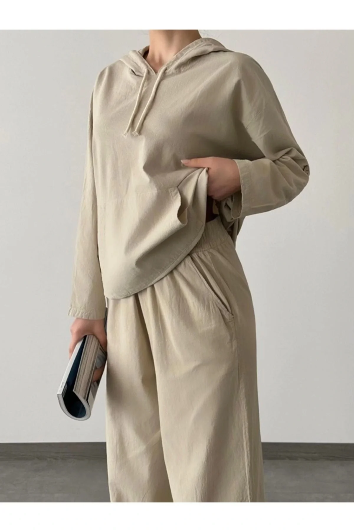 Pamuklu Kapşonlu üst ve Pantolon Takımı-Bej