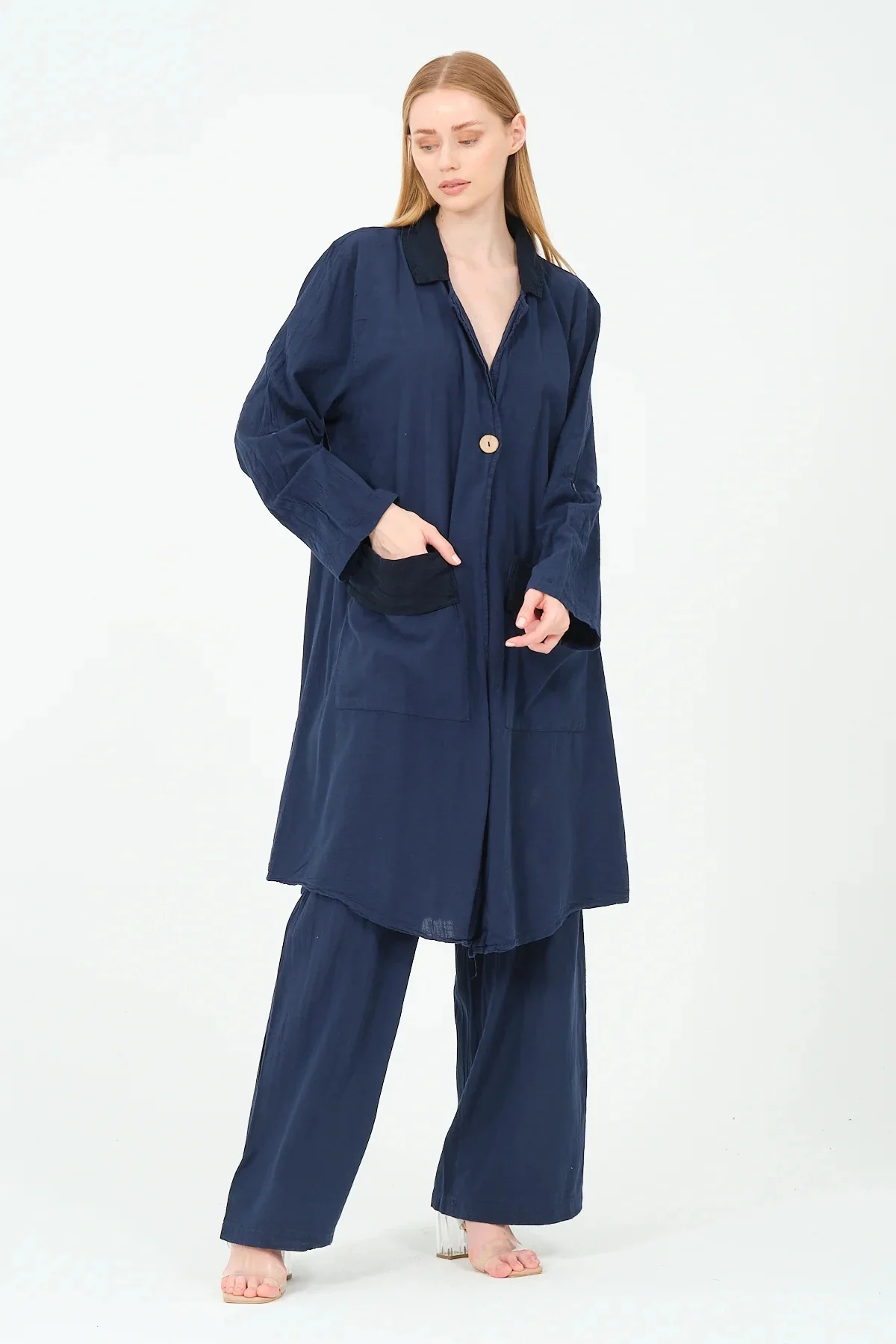 Garnili pamuk tek düğme ceket pantolon takım