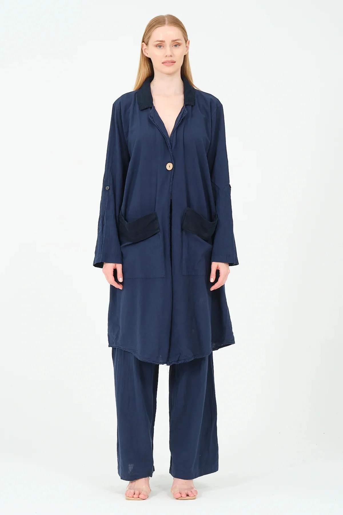 Garnili pamuk tek düğme ceket pantolon takım