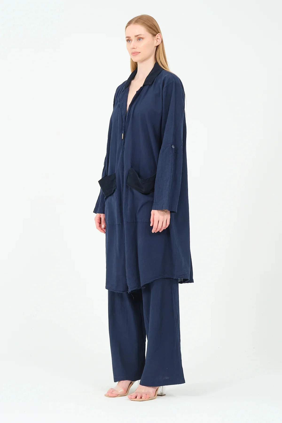 Garnili pamuk tek düğme ceket pantolon takım