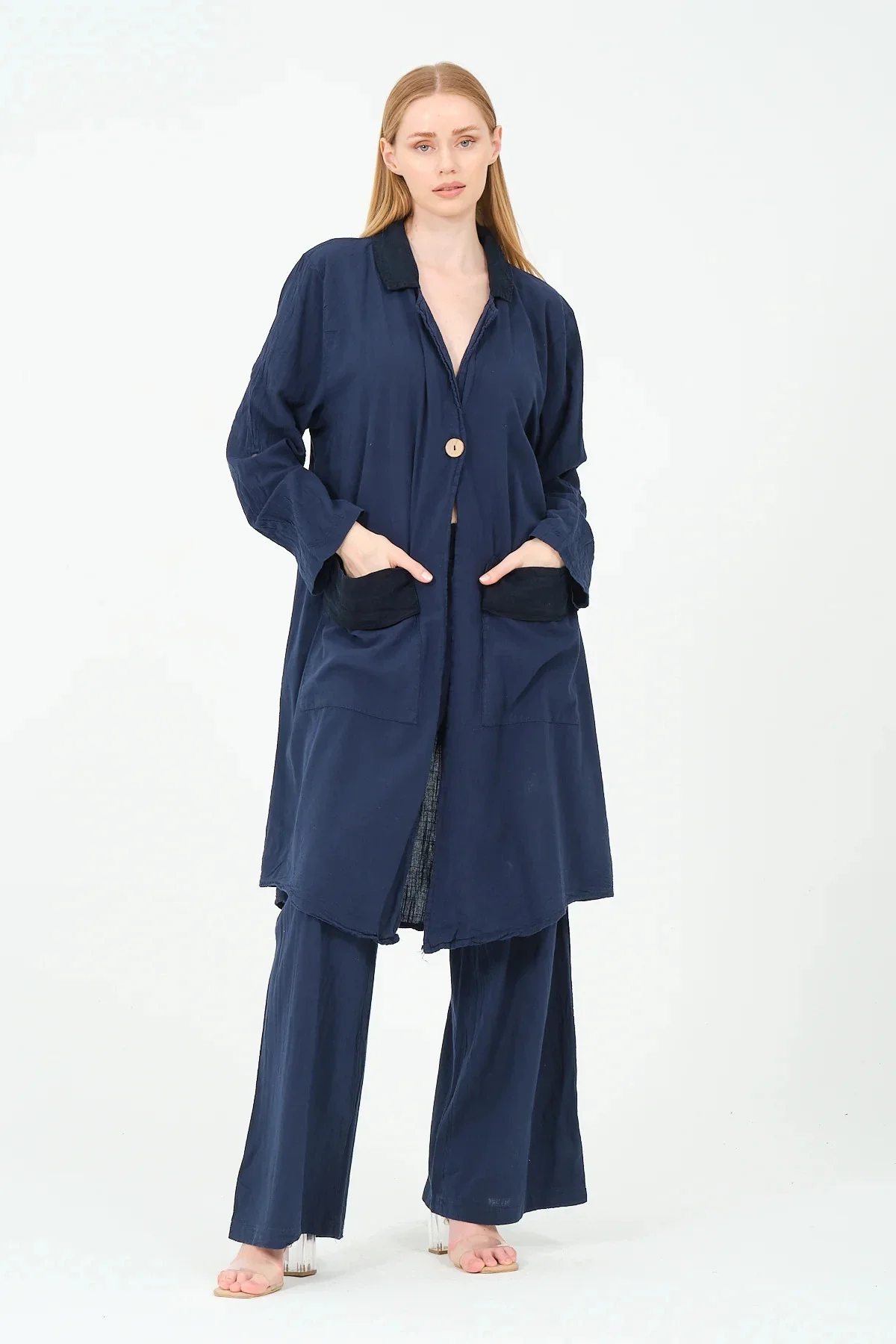 Garnili pamuk tek düğme ceket pantolon takım