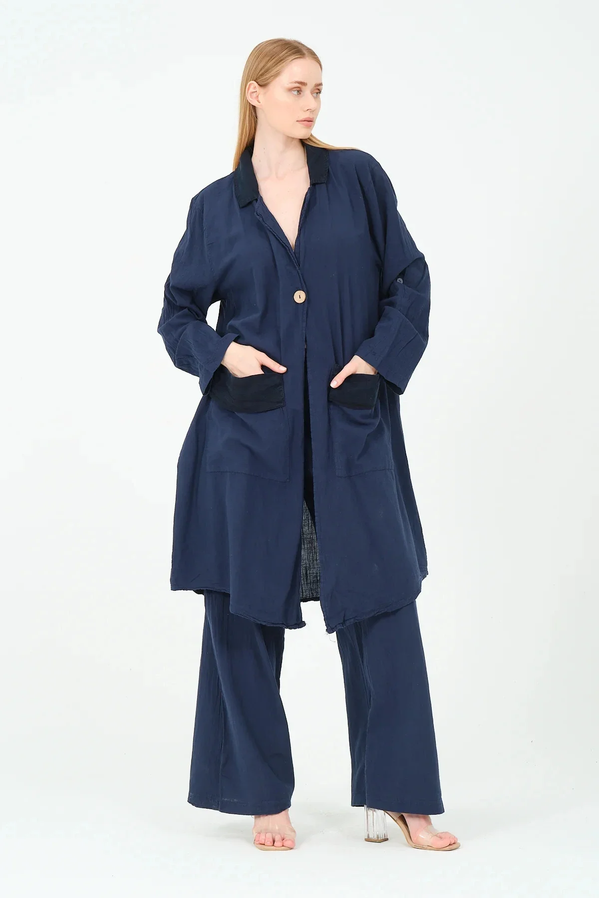 Garnili pamuk tek düğme ceket pantolon takım