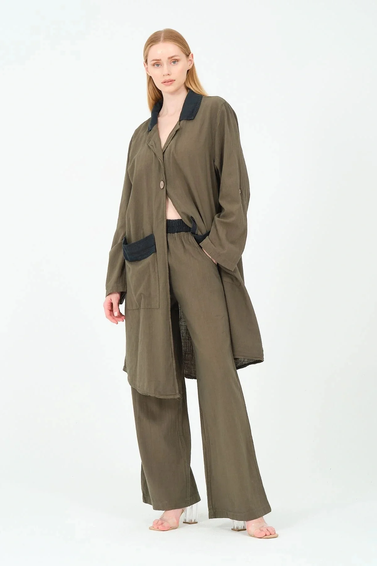 Garnili pamuk tek düğme ceket pantolon takım