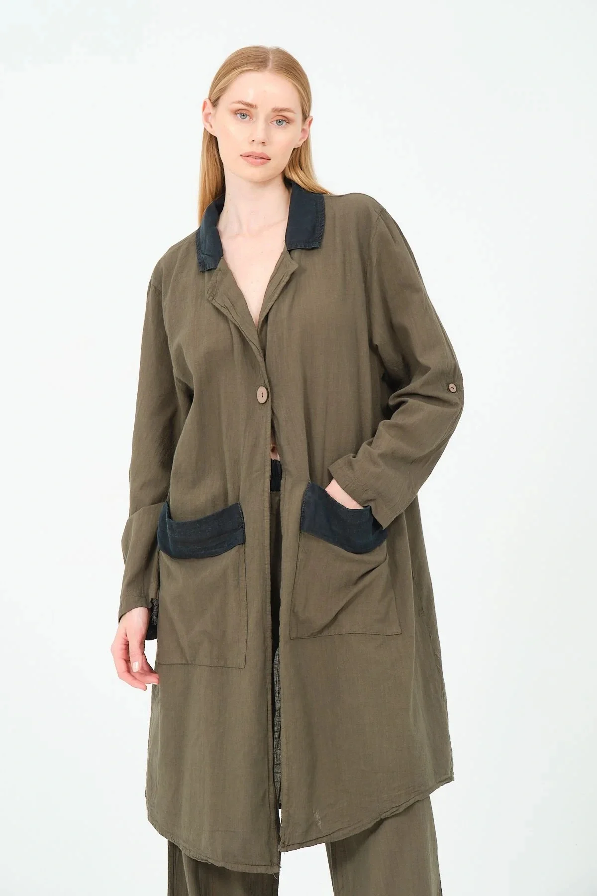 Garnili pamuk tek düğme ceket pantolon takım