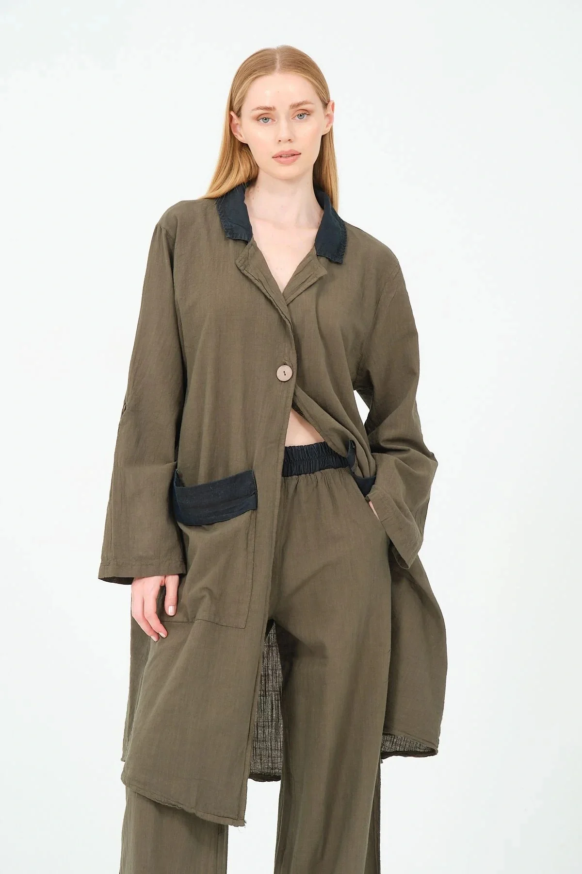 Garnili pamuk tek düğme ceket pantolon takım