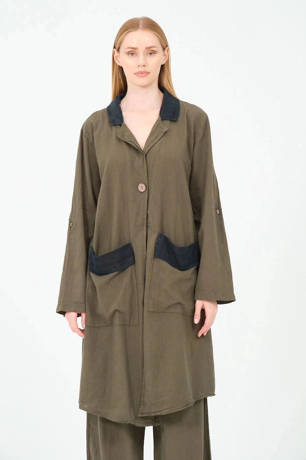 Garnili pamuk tek düğme ceket pantolon takım