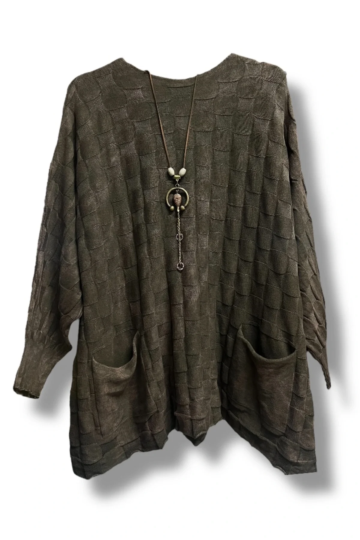 İki cepli yıkamalı kare desen pamuk triko