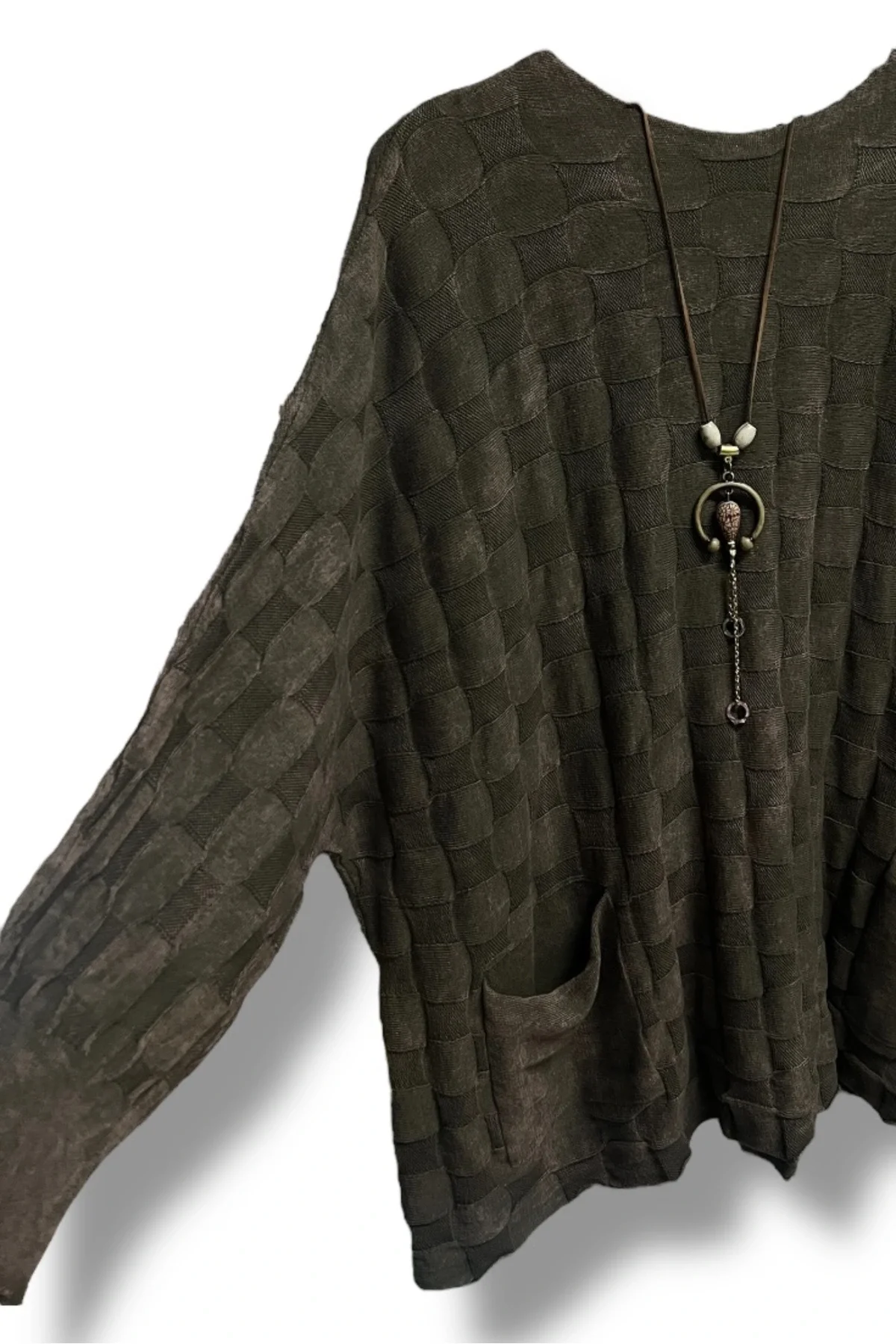 İki cepli yıkamalı kare desen pamuk triko