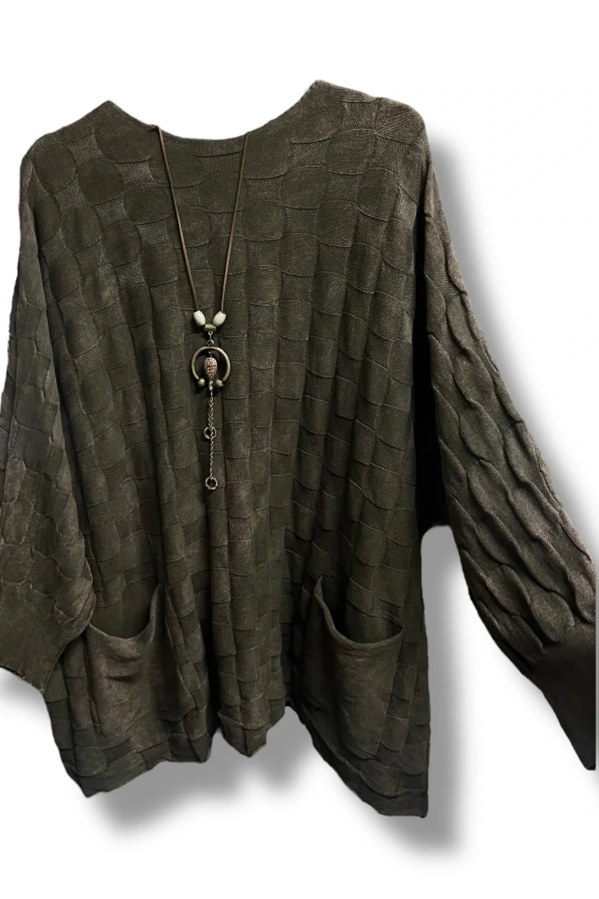 İki cepli yıkamalı kare desen pamuk triko