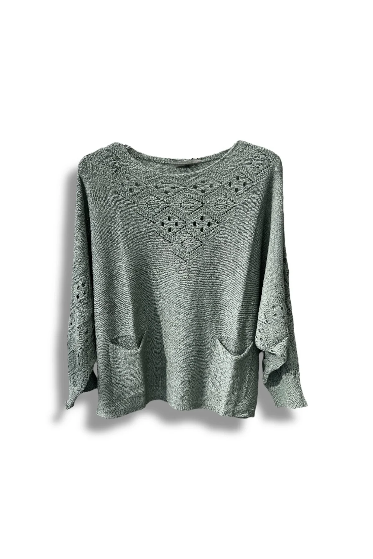 Oversize Merserize Triko Cepli ve Ajurlu Tasarım Bluz- 38-52 Beden Arası Uyumlu