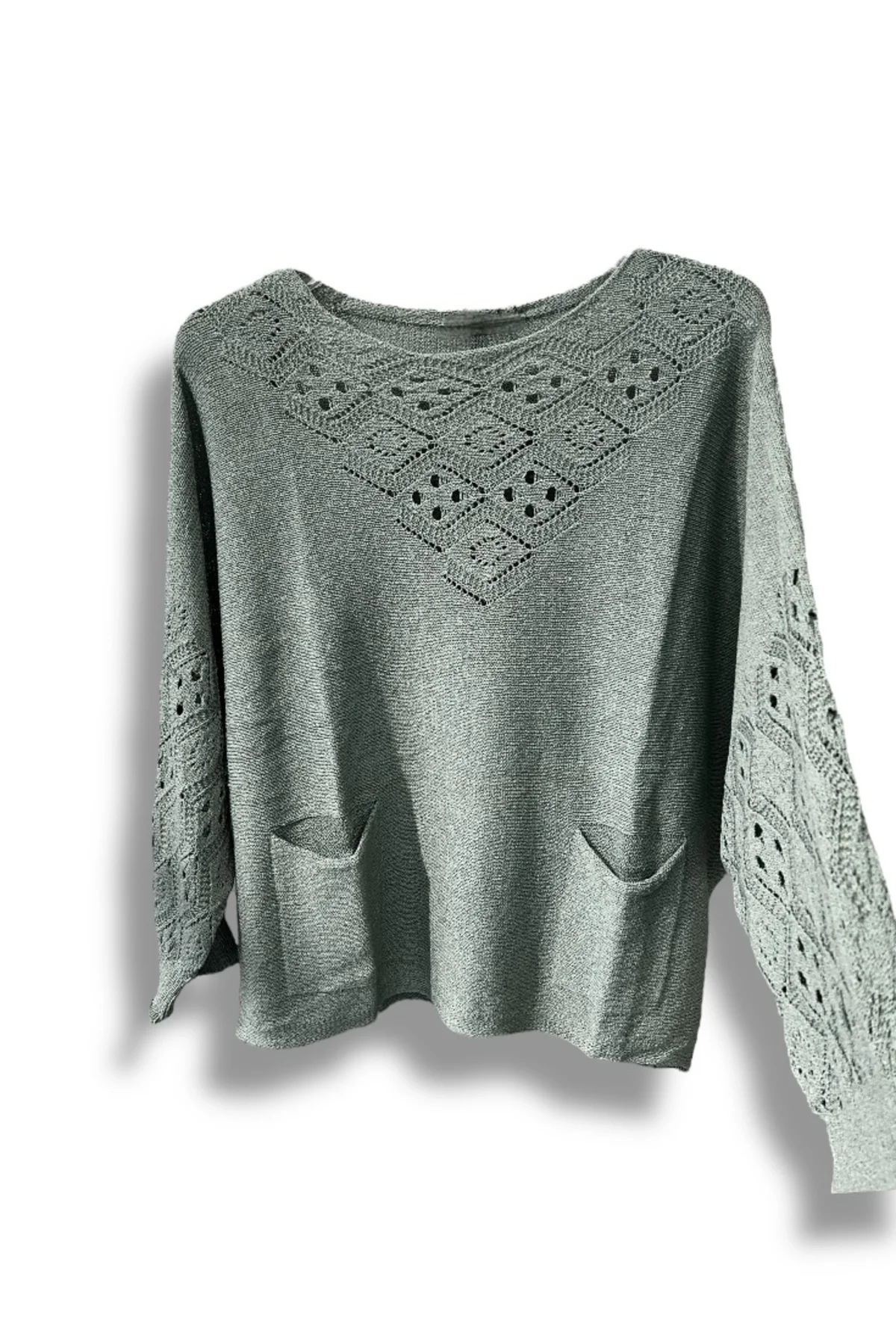 Oversize Merserize Triko Cepli ve Ajurlu Tasarım Bluz- 38-52 Beden Arası Uyumlu